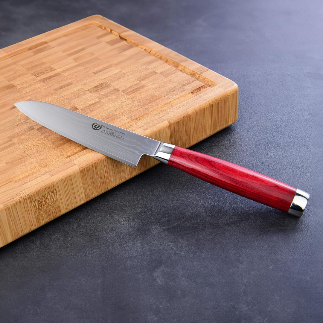 GRÄWE Damastmesser aus Damaststahl, gross, 12,5 cm Klinge, scharf, Damaszener Santokumesser mit Holz