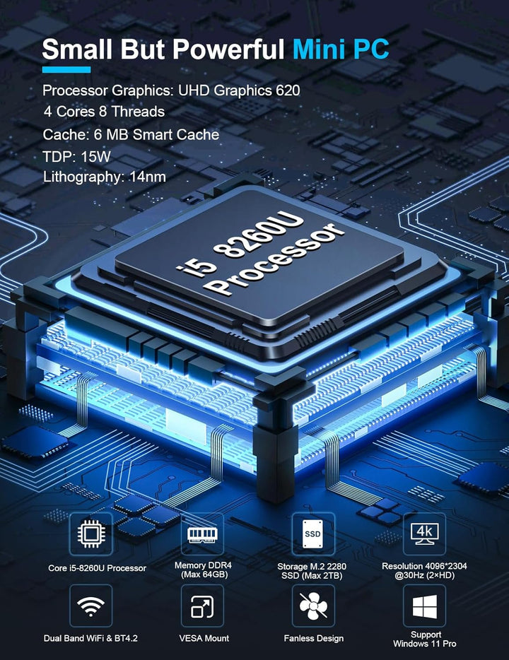 Baieyu Industrial Lüfterloser Mini Computer Core i5-7300U PC Lüfterlos Vorinstalliertes Windows 10 P