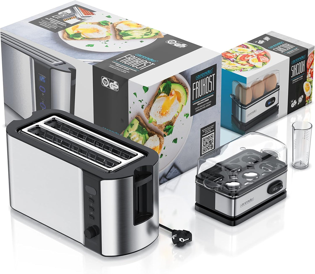 Arendo - SET Eierkocher SIXCOOK mit Toaster FRUKOST Edelstahl Silber, Toaster 4 Scheiben, LED-Displa