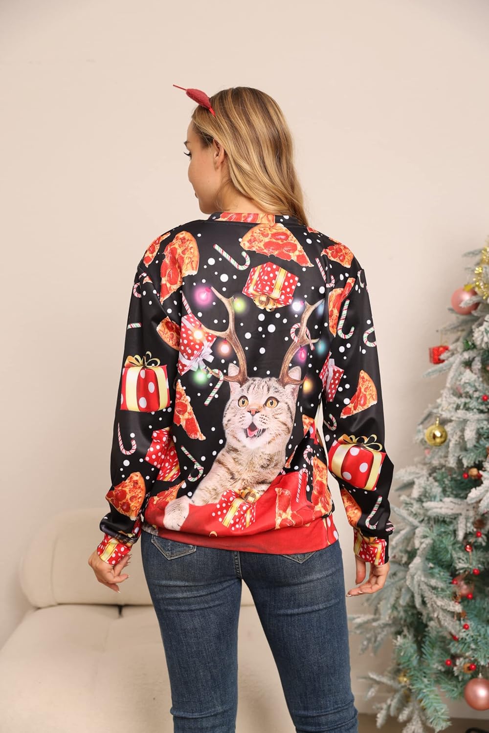 AIDEAONE Unisex Herren Damen Weihnachten Lustiges Sweatshirt Langarm T-Shirt Katzenpizza XL, Katzenp