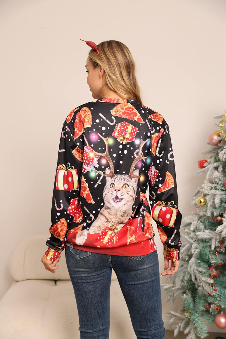 AIDEAONE Unisex Herren Damen Weihnachten Lustiges Sweatshirt Langarm T-Shirt Katzenpizza S, Katzenpi
