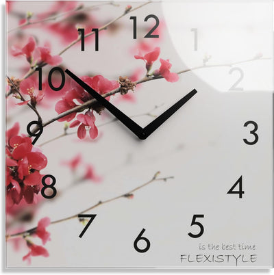 FLEXISTYLE Wanduhr küche Wohnzimmer 30 x 30 cm, aus Glas, mit Direktdruck eckig modern (BLÜHENDER St