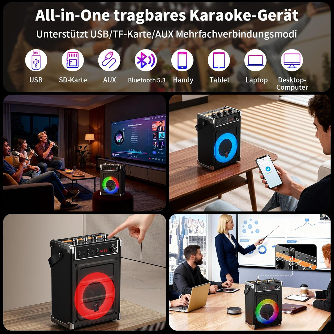 JYX Karaoke-Maschine mit 2 UHF-Funkmikrofonen, Bluetooth-Lautsprecher mit Bass-/Höhen-Einstellung un