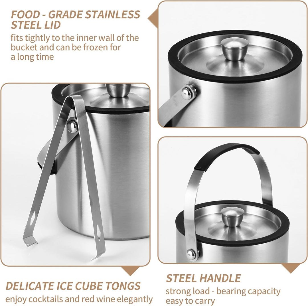1.6L Eiswürfelbehälter, Eiskübel mit Deckel,Eiswürfelbehälter Edelstahl mit Clips und Sieb, perfekt