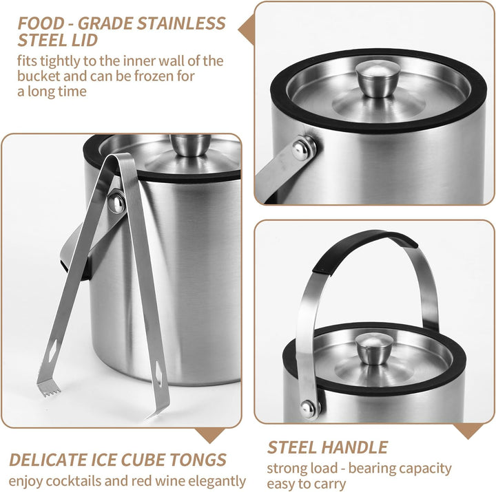 1.6L Eiswürfelbehälter, Eiskübel mit Deckel,Eiswürfelbehälter Edelstahl mit Clips und Sieb, perfekt
