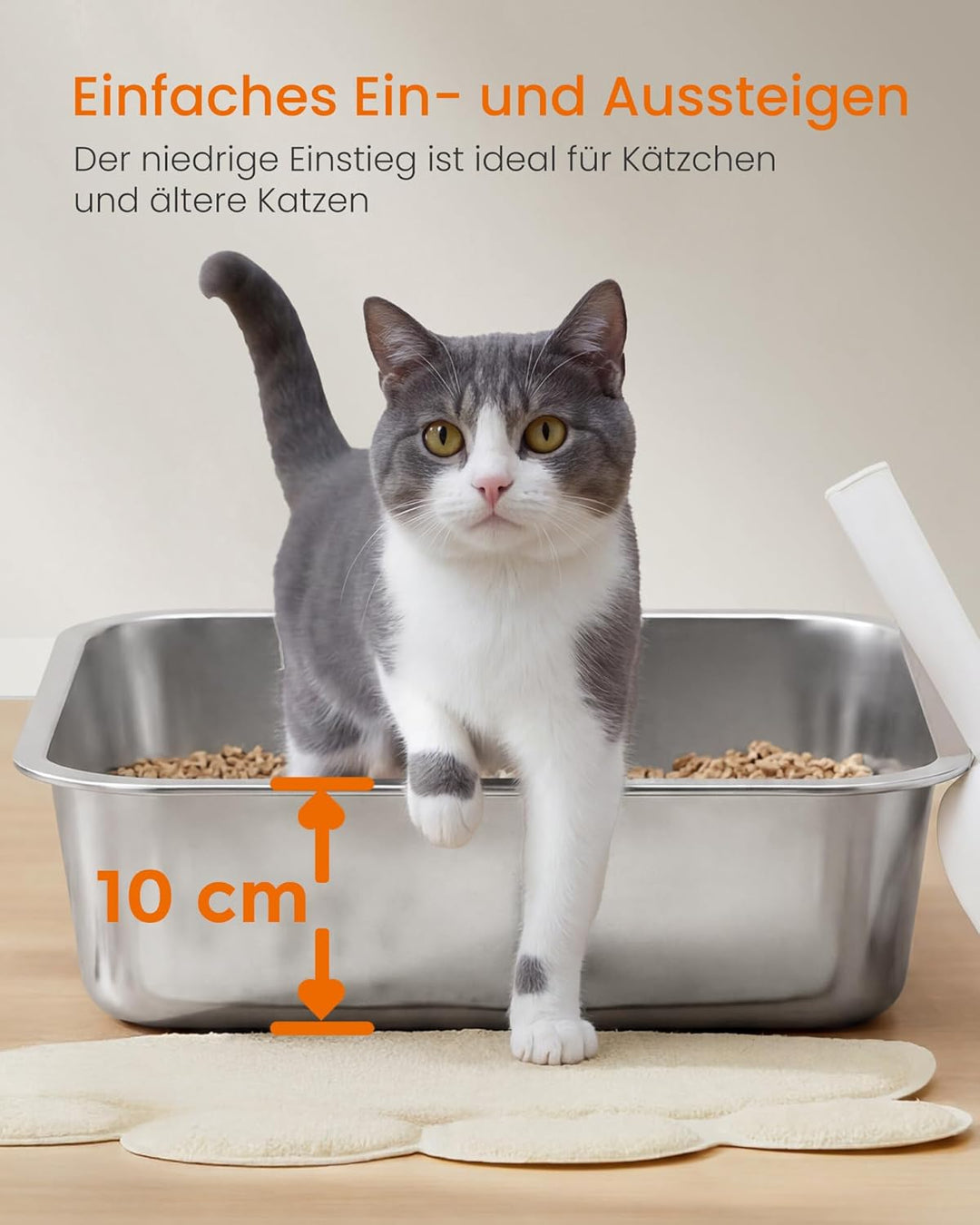Feandrea Katzenklo Edelstahl, Katzentoilette offen, mit Schaufel, antihaftbeschichtet, geruchsfrei,