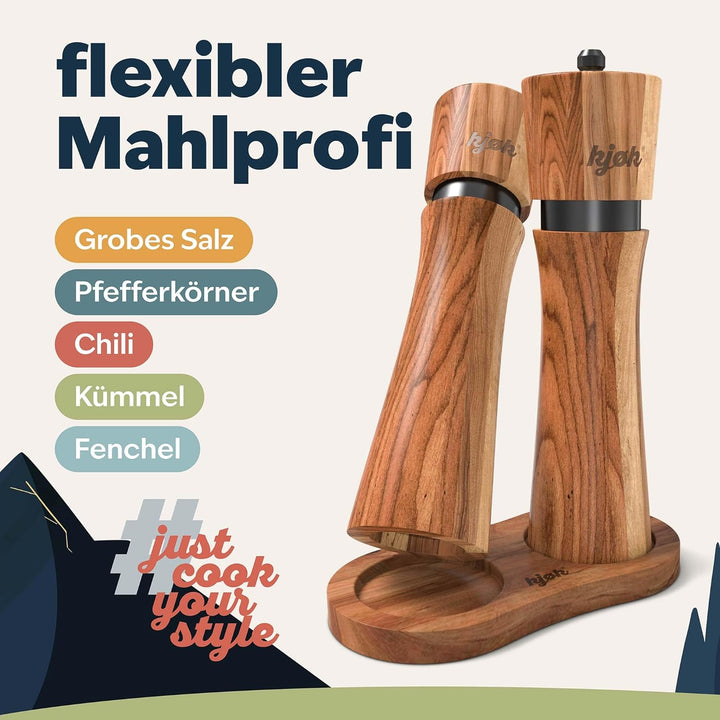 kjøk Premium Salz und Pfeffer Mühle massives Akazienholz mit Untersetzer, Reinigungsbürste und Einfü
