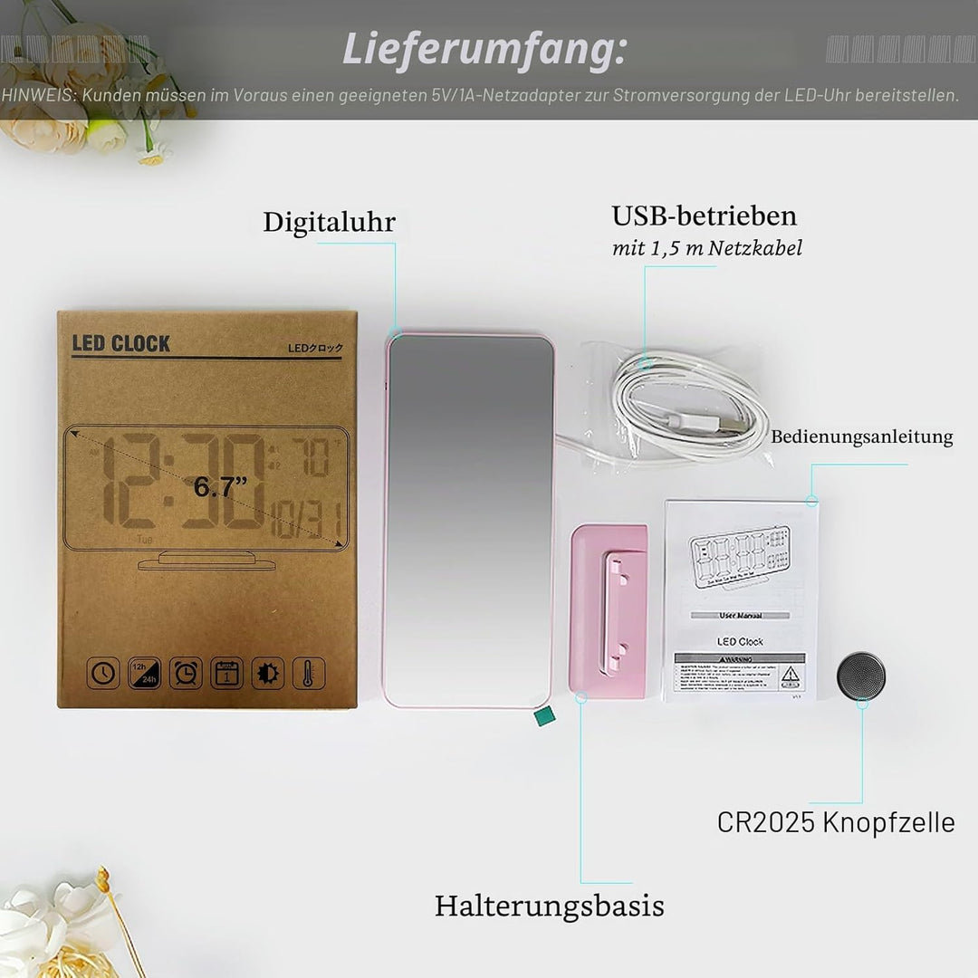 KOSUMOSU Rosa Digitaluhr für Schlafzimmer, 17 cm, Dual-Wecker mit Dimmung, 12/24 Stunden, Sekunden,