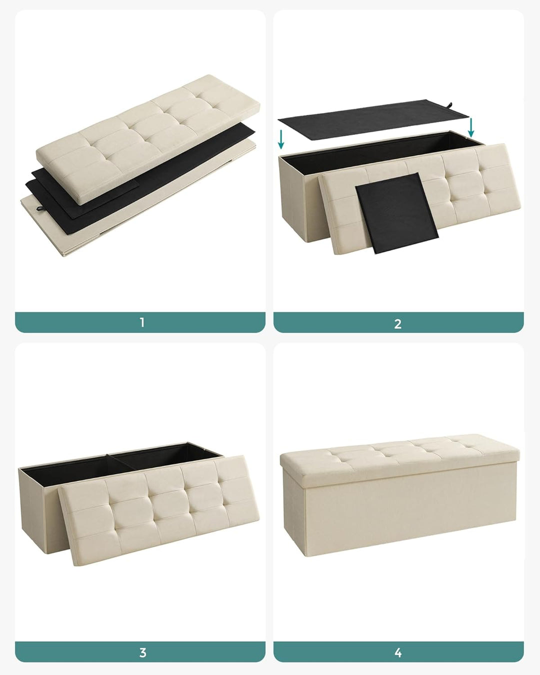 SONGMICS Sitzhocker mit Stauraum, klappbare Sitzbank, 38 x 110 x 38 cm Fussbank, Aufbewahrungsbox, b