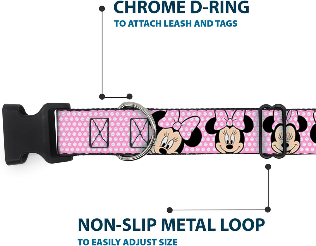 Buckle-Down Plastic Clip Collar - Minnie Mouse Expressions Polka Dot Pink/White - 1.5" Wide - Fits 1