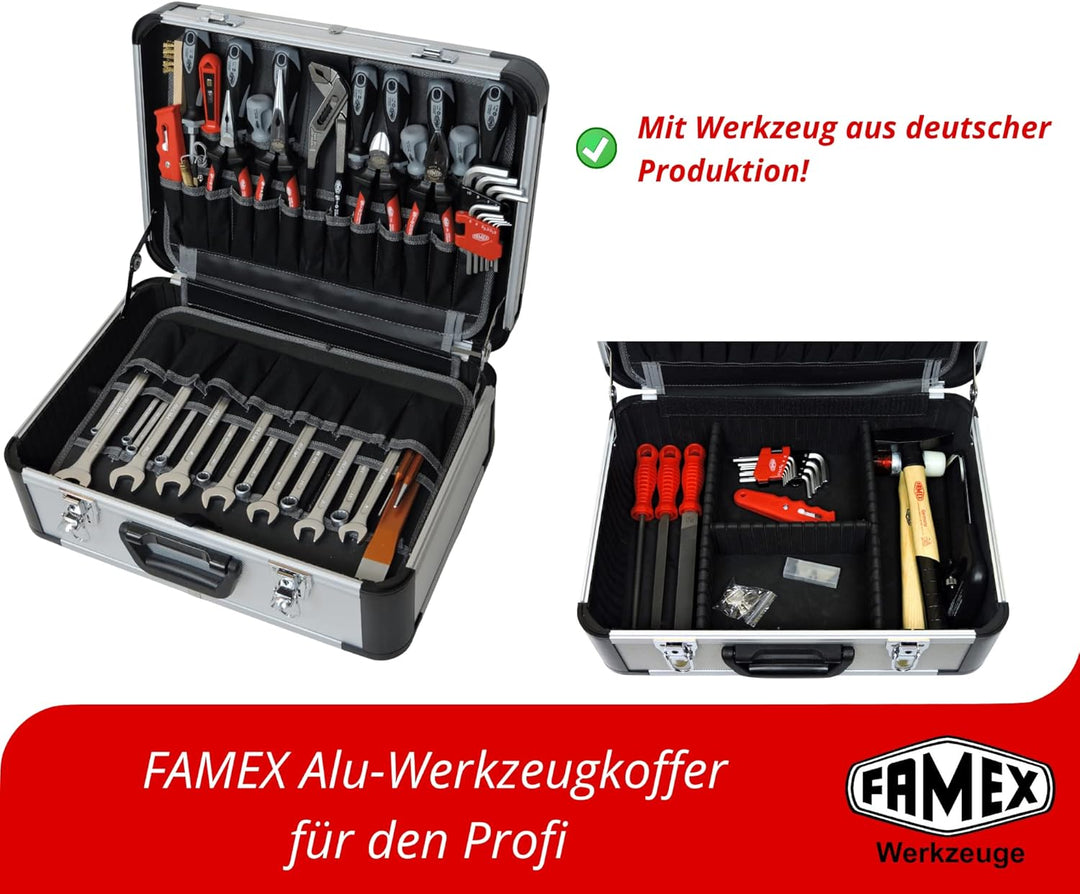 FAMEX 420-18 Alu Werkzeugkoffer gefüllt mit Top Werkzeug Set und Steckschlüsselsatz - Werkzeugkasten