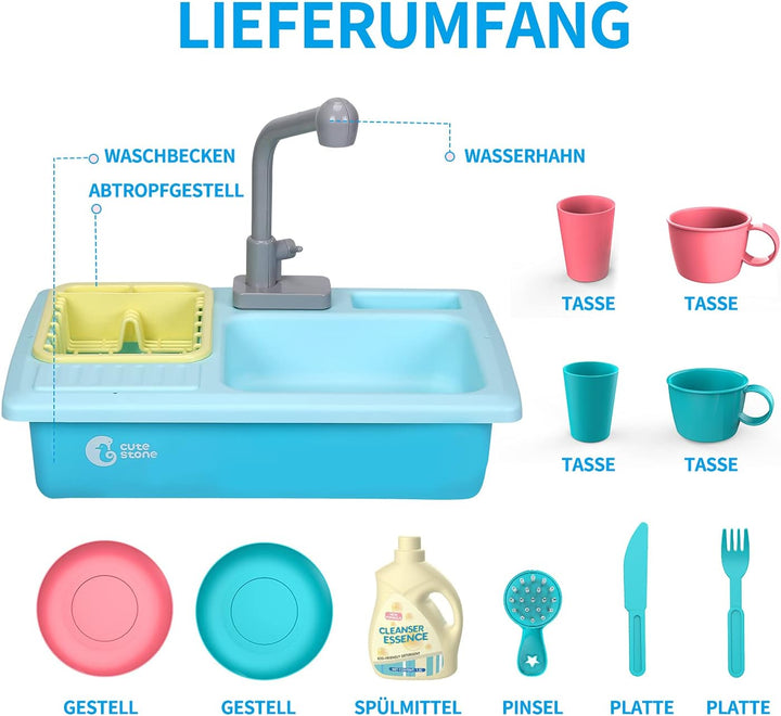 cute stone Küchenspüle Spielzeug Set mit warmbarem Wasser-Recycling Wasserhahn und Waschbecken, Wärm