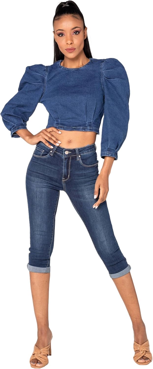 Nina Carter P132 Damen Capri Skinny Fit Jeanshosen HIGH Waist Jeans Used-Look Waschungseffekt S Dunk