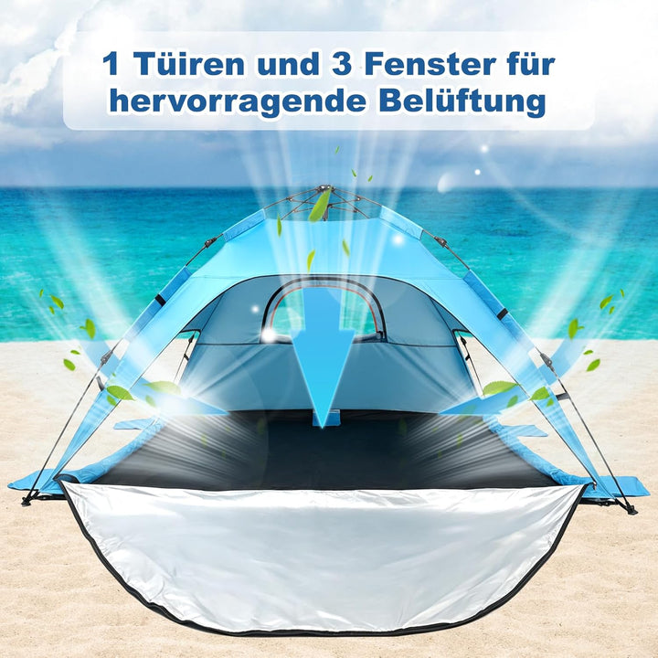 Strandzelt Strandmuschel Pop Up, UV Schutz 50+ Sonnenzelt mit Wasserdichter Strandmatte für 3-4 Pers