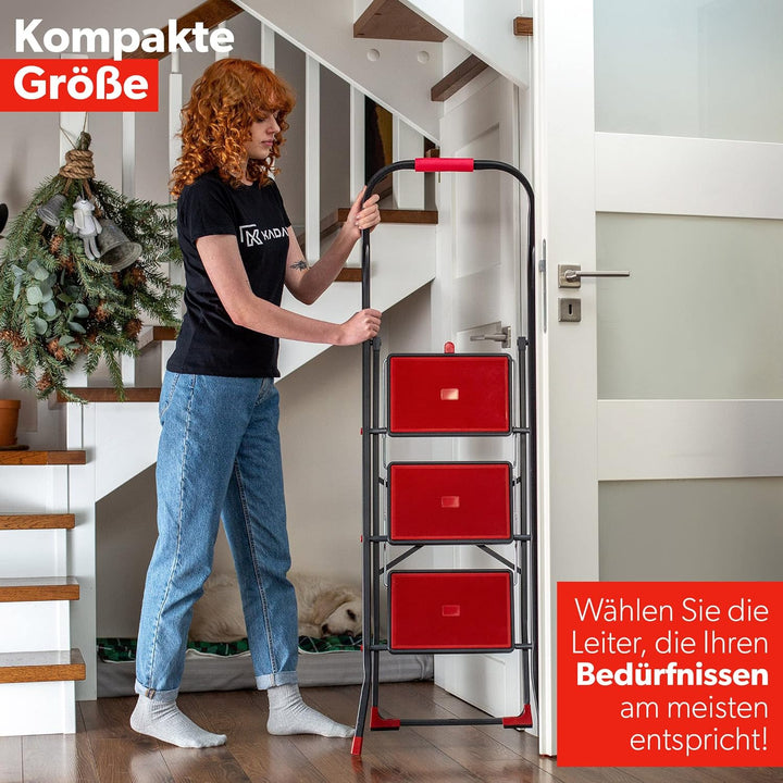 KADAX Klappbare Stahlleiter, schwarz-rote Trittleiter mit Traglast bis 150kg, Leiter mit Klappsicher