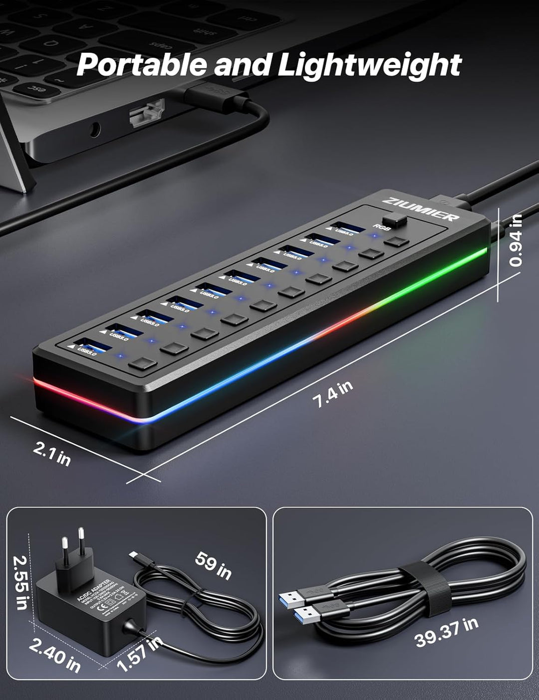 Powered USB Hub, 10-Port USB 3.0 Hub mit RGB LED Strip -5Gbps Datenübertragung, individuelle LED On/