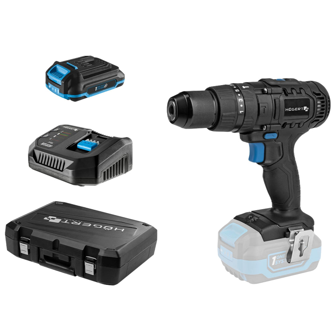 HÖGERT TECHNIK Akku-Schlagbohrschrauber Set 18V, 50 Nm Drehmoment, 2,0 Ah Akku, 4A Ladegerät, Metall