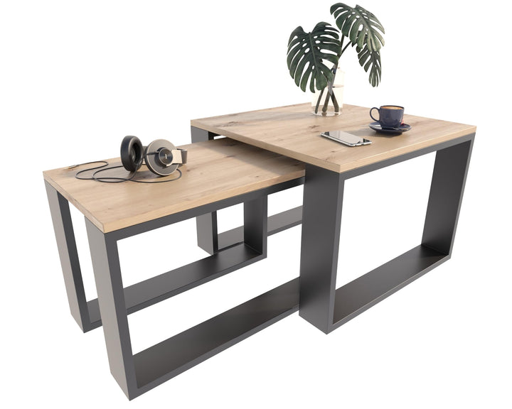 MATKAM Satztisch 2er Set, Couchtisch im Industrie-Stil, hoher Beistelltisch B60 x T60 x H43,3 cm, ni