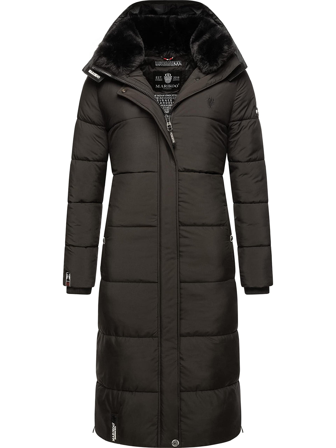 MARIKOO Damen Wintermantel Warmer Steppmantel lang mit Abnehmbarer Kapuze Reliziaa XS-3XL S Schwarz,