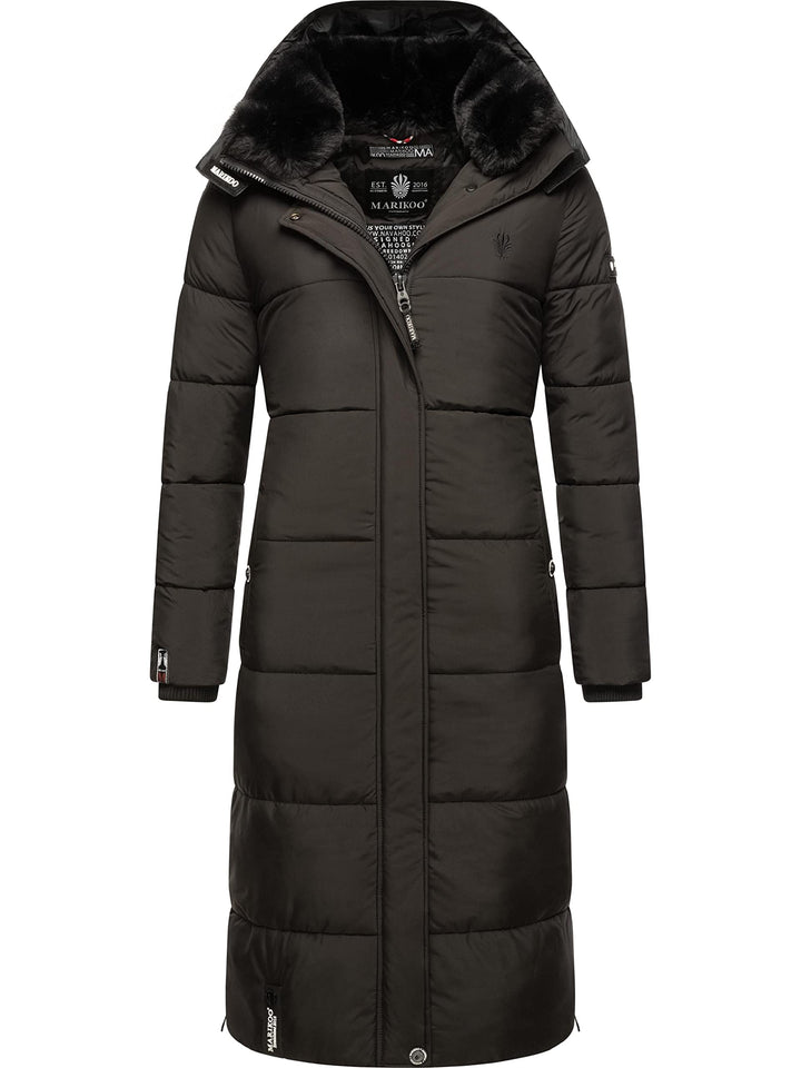 MARIKOO Damen Wintermantel Warmer Steppmantel lang mit Abnehmbarer Kapuze Reliziaa XS-3XL S Schwarz,