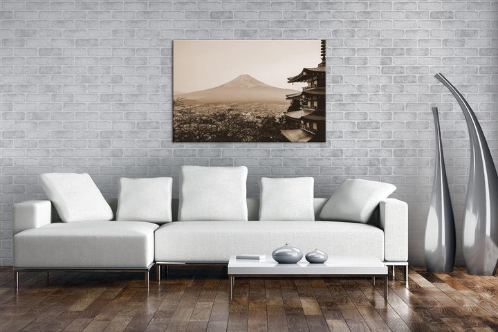 der mit Schnee bedeckte Fuji Berg aus Japan Effekt: Sepia, Format: 80x60 als Leinwandbild, Motiv fer