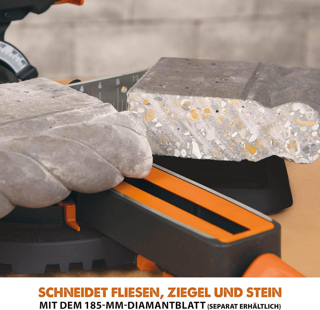 Evolution (R185SMS+) 185mm Gehrungssäge mit Universalschnitt - 45° Fase, 50° Gehrung - Laserführung