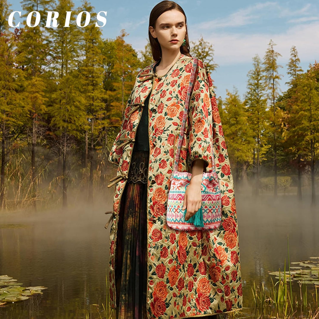 CORIOS Ethnischer Stil Handtasche Damen Canvas Schultertasche Böhmische Tote Beutel Quasten Henkelta