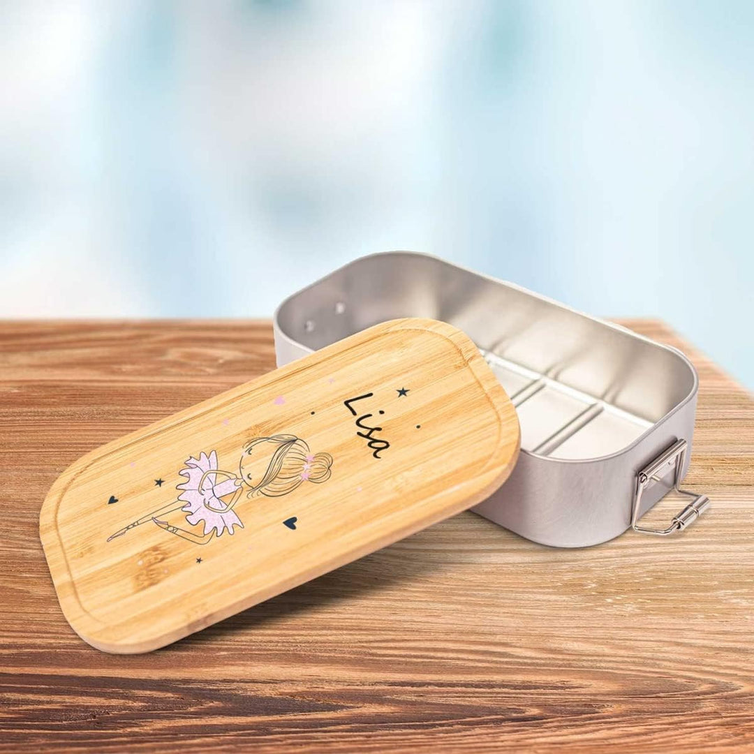 GRAVURZEILE Brotdose aus Edelstahl mit bedrucktem Bambusholzdeckel - Lunchbox mit Ballerina Motiv -