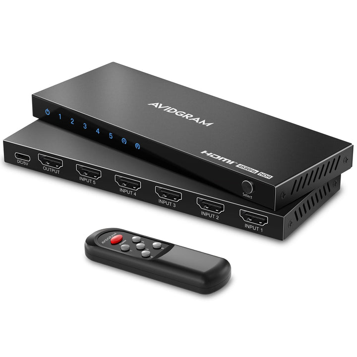 HDMI Switch 4K 60Hz, AVIDGRAM HDMI 2.0 Umschalter 5 in 1 Out, 5 Port HDMI Selector Box with IR Remot