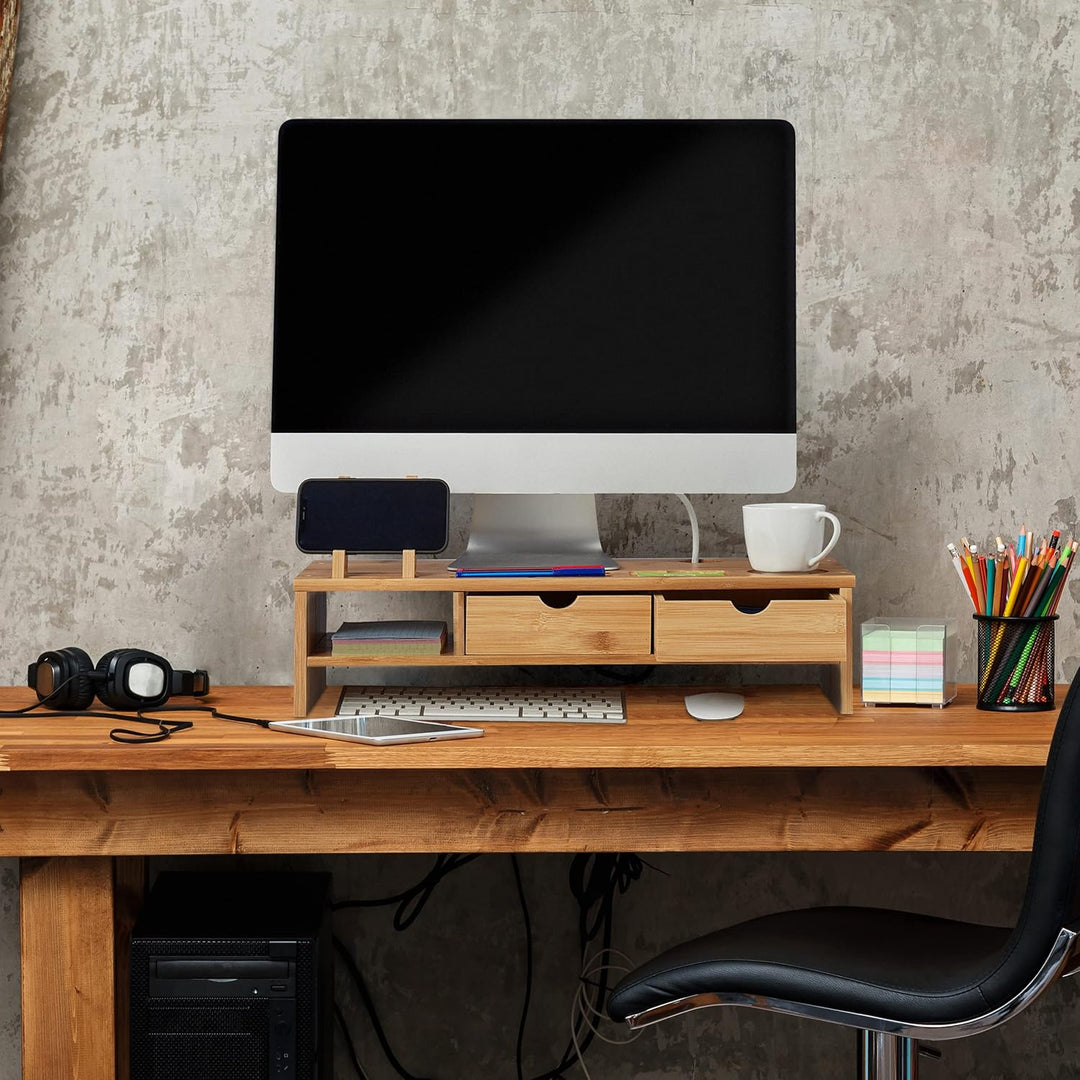 Relaxdays Monitorständer, aus Bambus, Ablagefach, 2 Schubladen, Erhöhung für Monitor, Laptop, HBT: 1
