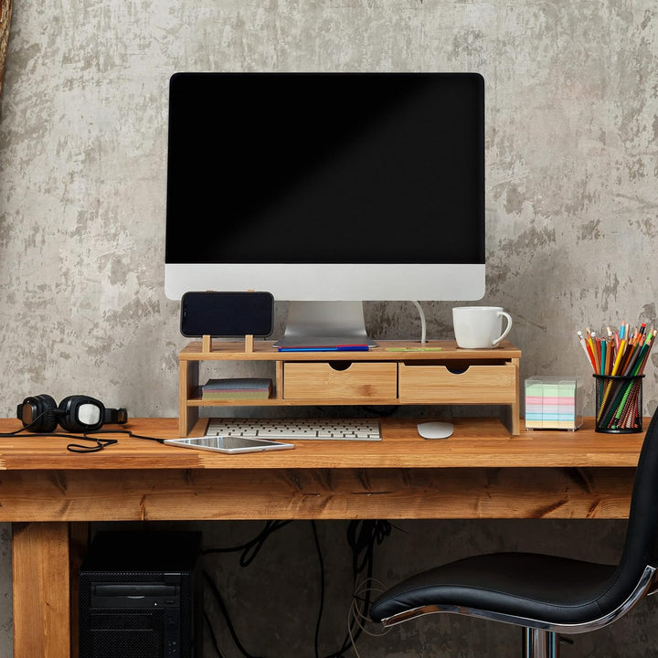 Relaxdays Monitorständer, aus Bambus, Ablagefach, 2 Schubladen, Erhöhung für Monitor, Laptop, HBT: 1