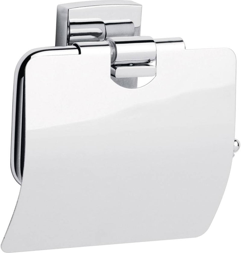 tesa KLAAM Toilettenpapierhalter mit Deckel, verchromt - WC-Rollenhalter zur Wandbefestigung ohne Bo