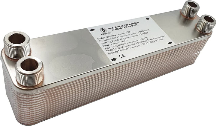 SANITLINE Edelstahl Wärmetauscher Plattenwärmetauscher NORDIC TEC Ba-23-30, 4x 3/4" Aussengewinde, 1