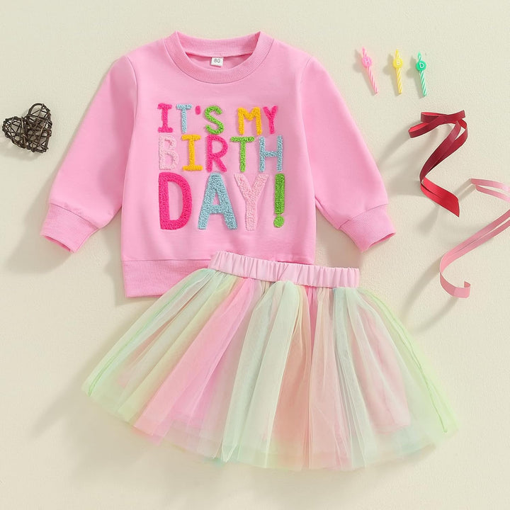 MAHUAOYIXI Baby Mädchen Geburtstag Outfit Prinzessein Spitzen Rock Set Langarm Buchstaben Stickerei