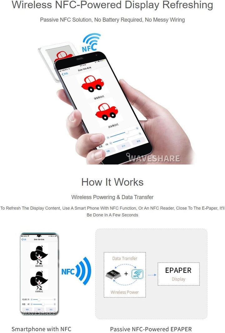 Waveshare 1.54inch NFC-Powered e-Paper No Battery Wireless Powering and Data Transfer (Pure White Ca