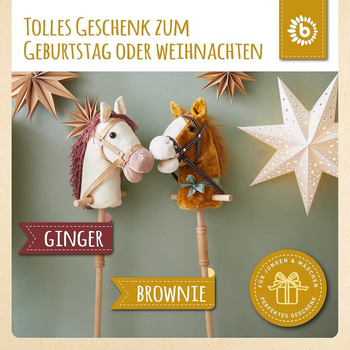 Bieco Steckenpferd Kinder Brownie | ca. 100 cm | Top Qualität | Holzpferd Draussen & Drinnen | Plüsc