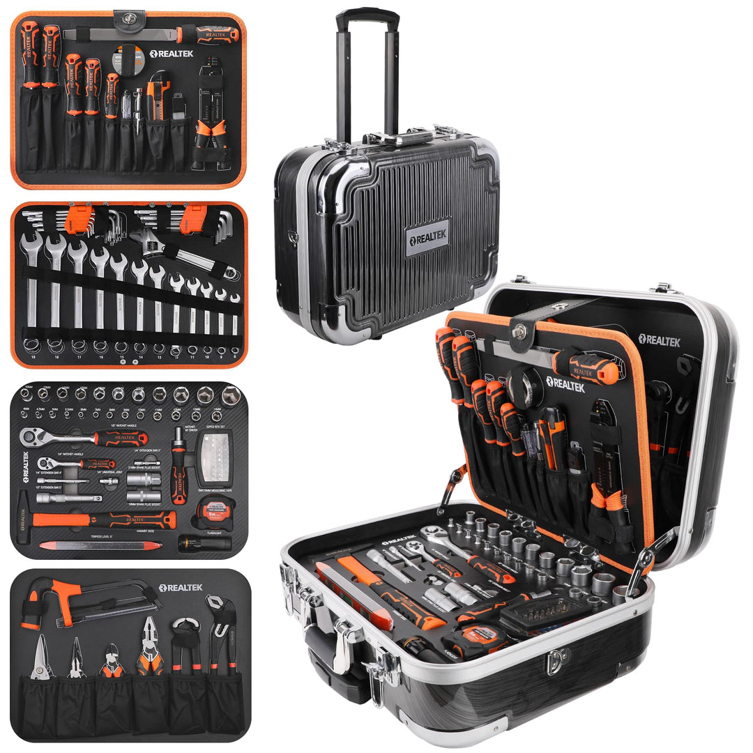 REALTEK Werkzeugkoffer 123 tlg Werkzeug Set mit Trolley-Funktion, Werkzeugkasten mit Ratsche Schraub