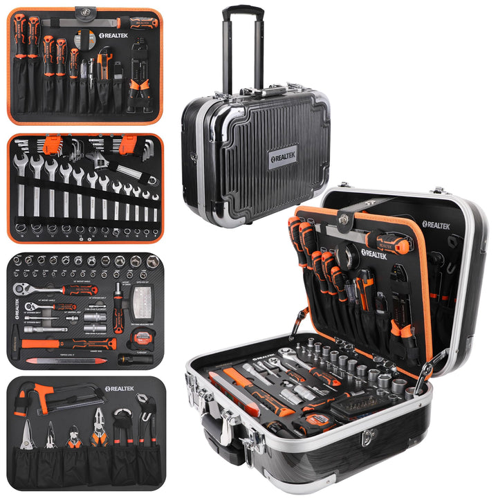 REALTEK Werkzeugkoffer 123 tlg Werkzeug Set mit Trolley-Funktion, Werkzeugkasten mit Ratsche Schraub