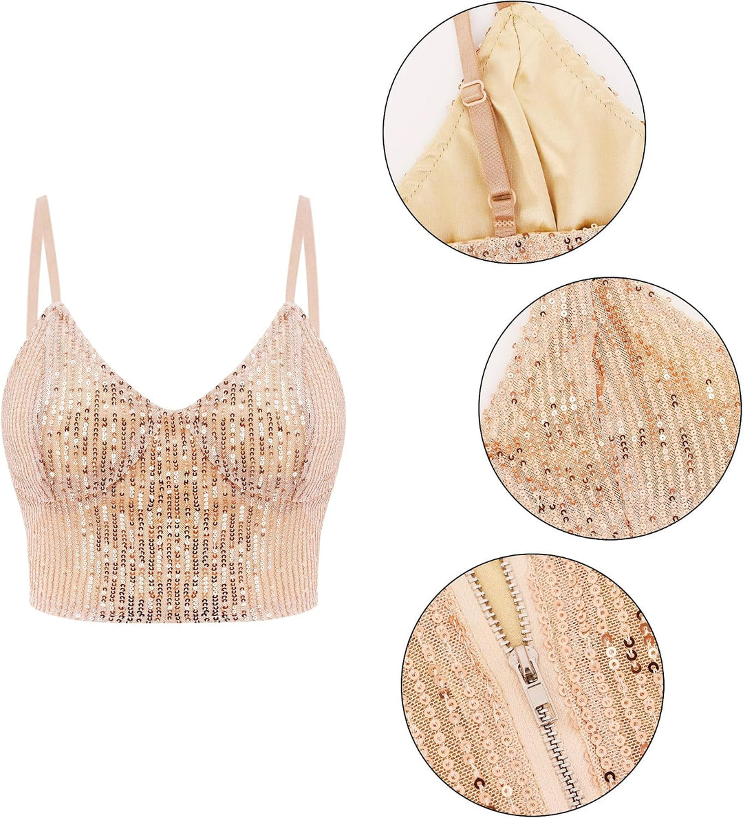Naimo Damen Glitzer Pailletten Crop Top Ärmellos V-Ausschnitt Tank Tops Weste Sparkle Camisole Bluse