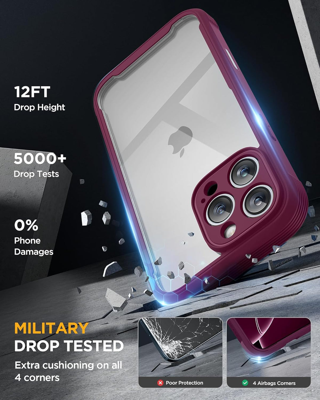 Miracase 360 Grad für iPhone 16 Pro Max Hülle mit Eingebaut Glas Schutzfolie und Kameraschutz, Stoss