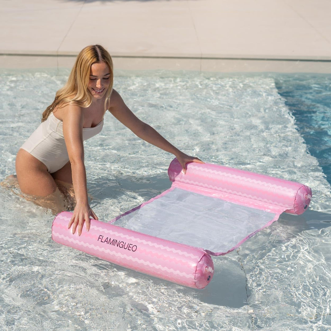 Flamingueo Luftmatratze Pool - Wasserhängematte - Nylon-Gitter - Widerstandsfähiges PVC Rosa und Wei
