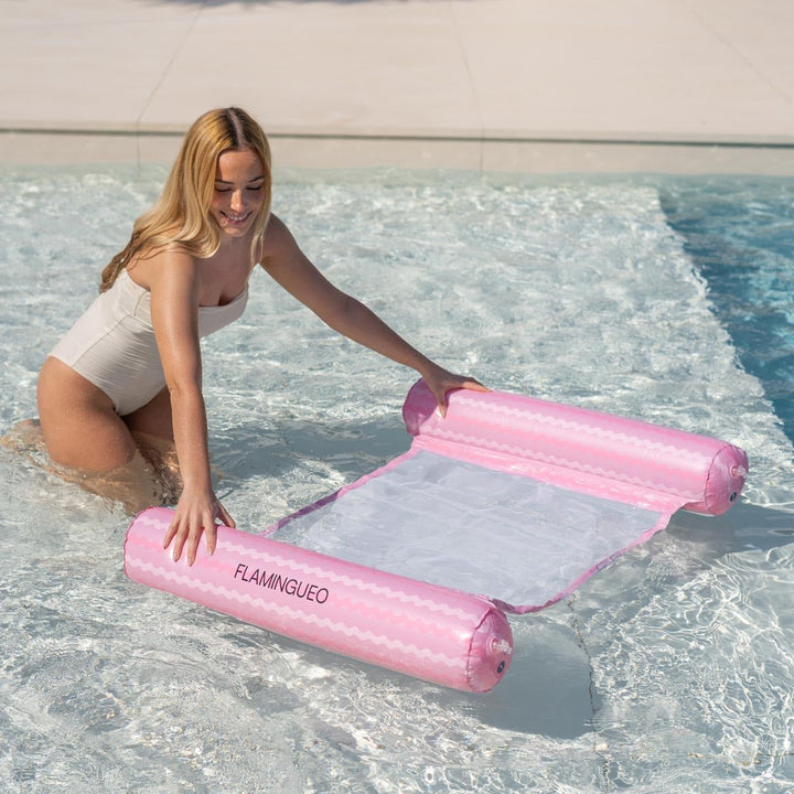 Flamingueo Luftmatratze Pool - Wasserhängematte - Nylon-Gitter - Widerstandsfähiges PVC Rosa und Wei
