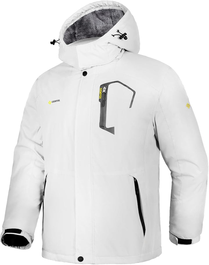 GEMYSE Herren Wasserdichte Berg-Skijacke Winddichte Fleece Outdoor-Winterjacke mit Kapuze L Weiss 01
