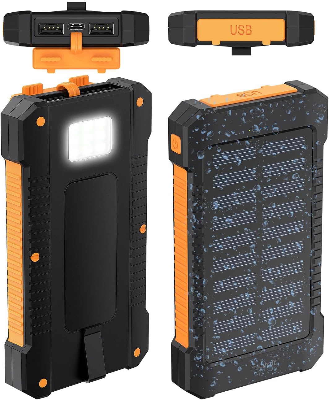 revolt Solar Ladegerät Handy: Solar-Powerbank, 8.000 mAh, 2X USB 2A, Typ-C-Input, IP65, LED-Lampe (S