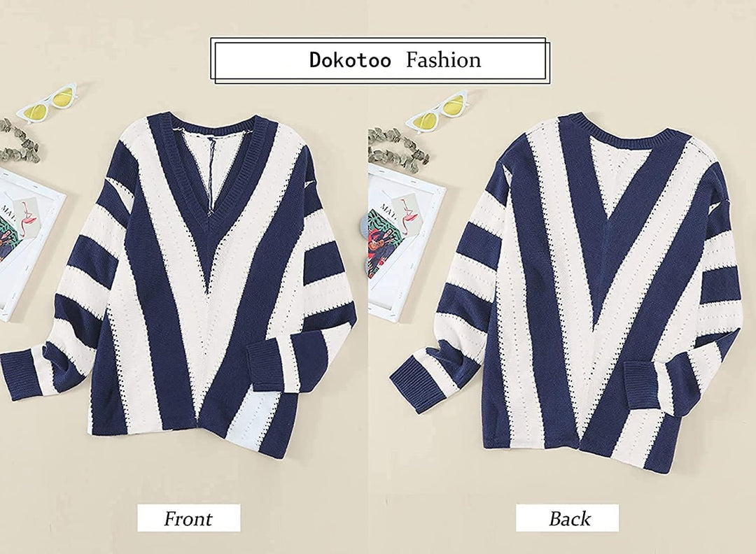 Dokotoo Damen Strickpullover V-Ausschnitt Casual Pullover Warm Oberteil Tops Streifen Sweater Elegan