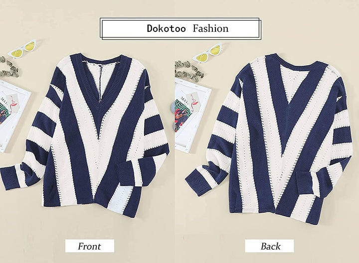 Dokotoo Damen Strickpullover V-Ausschnitt Casual Pullover Warm Oberteil Tops Streifen Sweater Elegan
