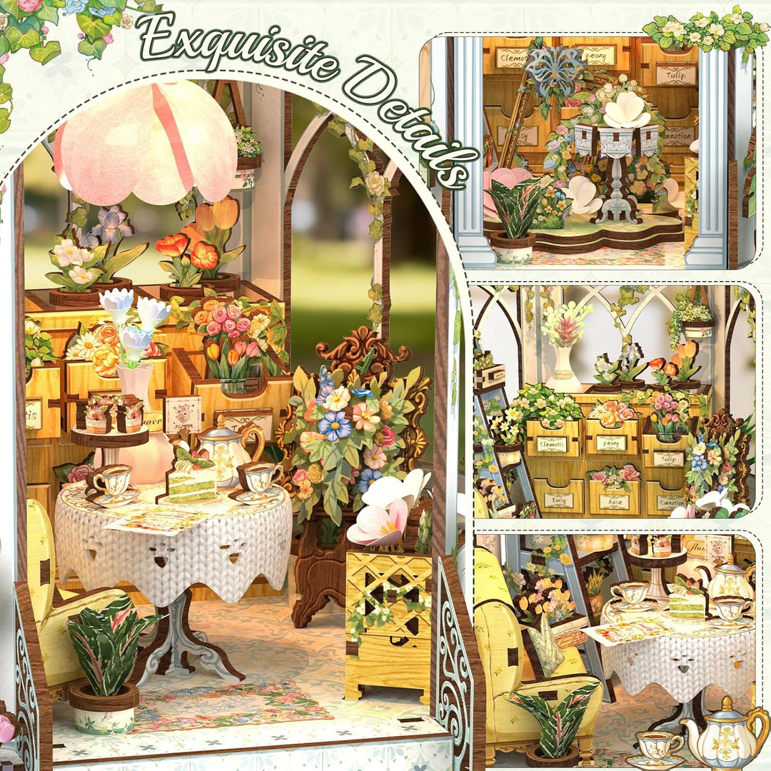 CUTEBEE Book Nook Kit - Puppenhaus für Erwachsene, Elegantes Europäisches Blühendes Miniaturhaus mit