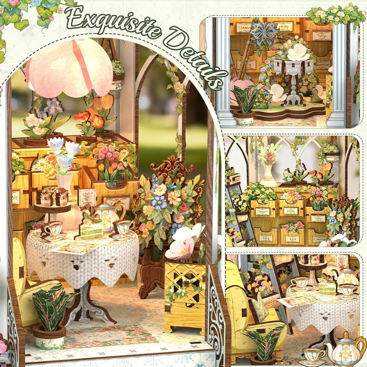 CUTEBEE Book Nook Kit - Puppenhaus für Erwachsene, Elegantes Europäisches Blühendes Miniaturhaus mit