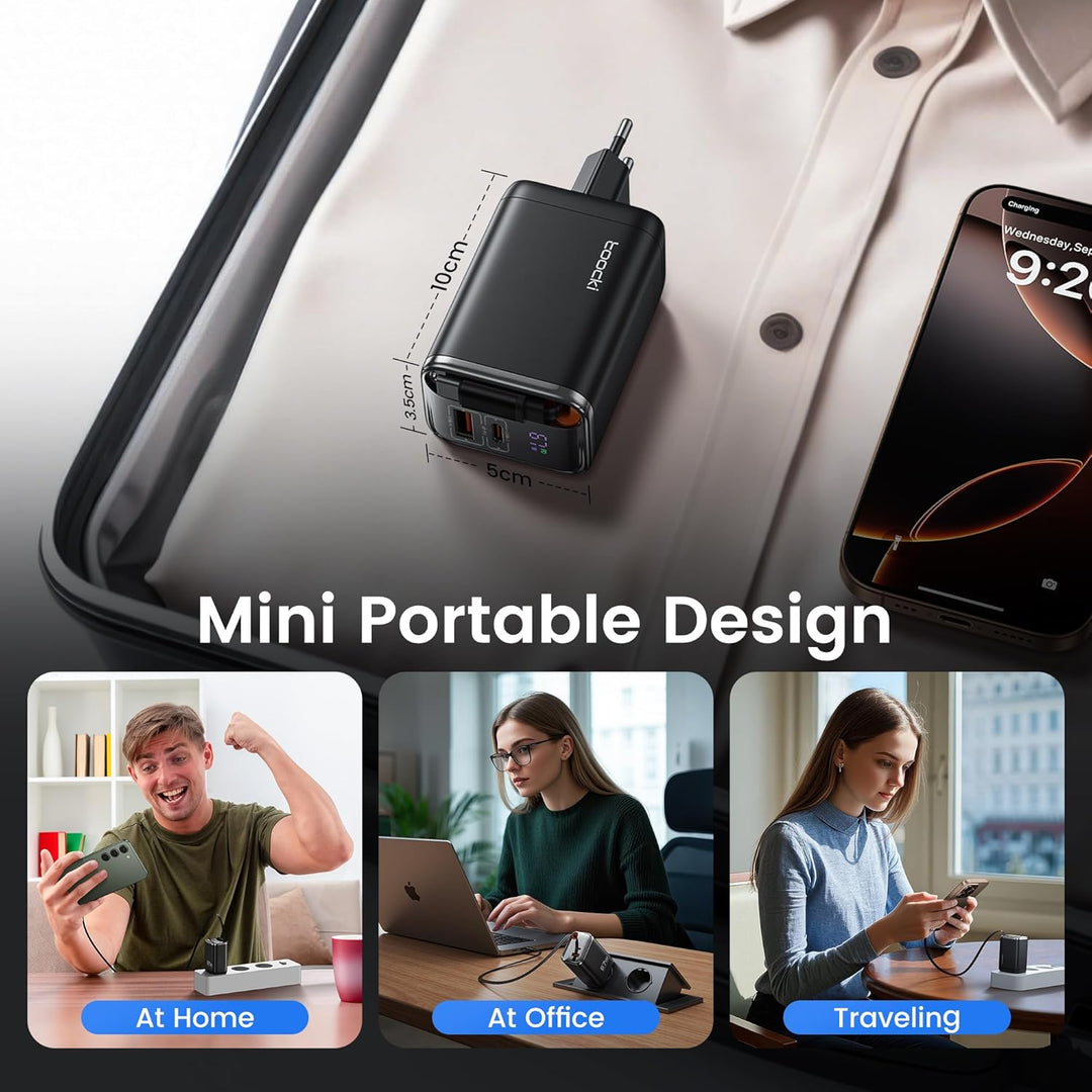 toocki USB C Ladegerät, 3Port GaN Mehrfach Ladegerät mit Schnell Einziehbares Ladekabel,67W USB C Ne