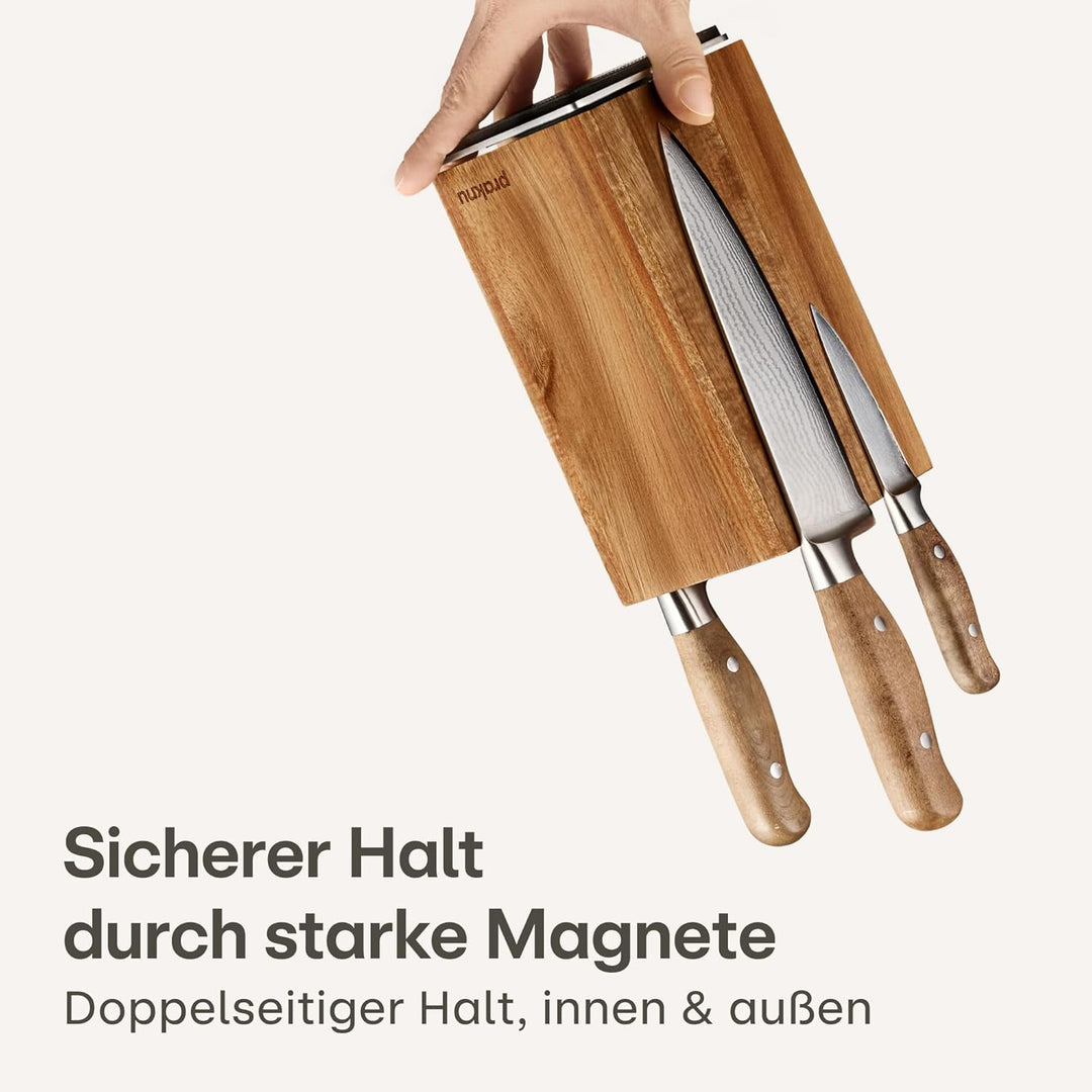 Praknu Messerblock Magnetisch 360° drehbar ohne Messer – FSC® Akazienholz mit Platz für Küchenutensi